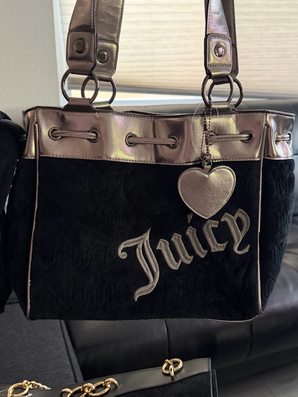 Juicy Couture Black and Metallic Silver Tote Bag with Heart Charm
